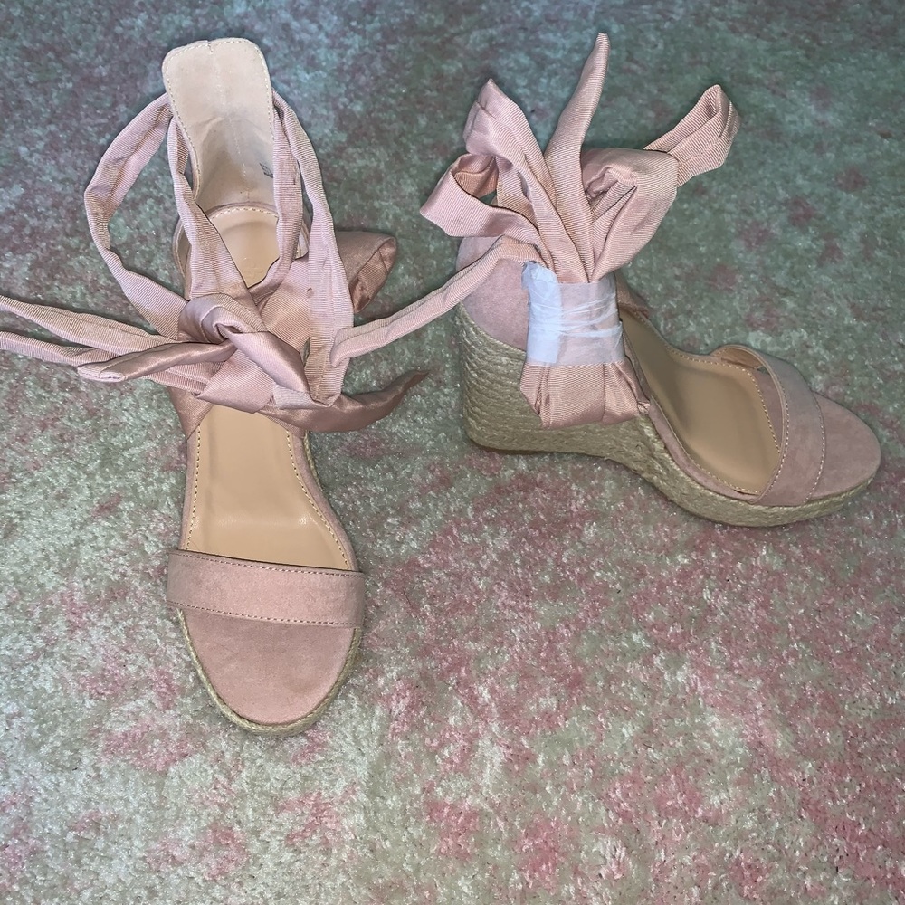 Light pink tie up wedges